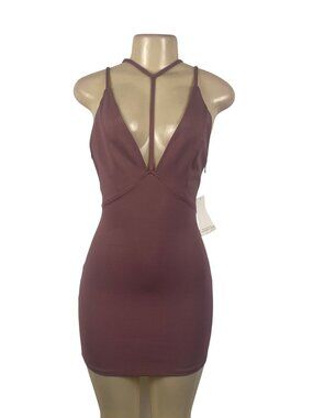 Tobi Womens Mauve Cotton/Nylon Strappy Plunge Mini Dress Stylish Design Sz XS -